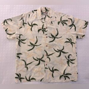 Paradise Found Green‎ Yellow Floral Rayon Hawaiian Shirt Tropical Button Men's L